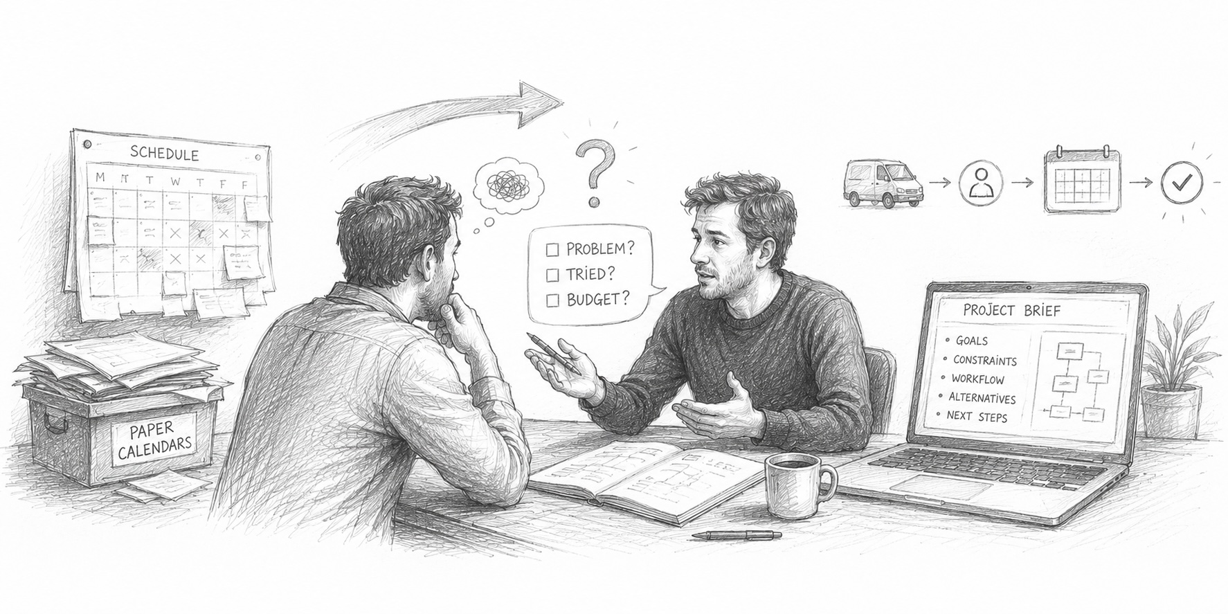 Ein Kundengespräch, das aus einem Papierkalender ein klares Projektbriefing macht.