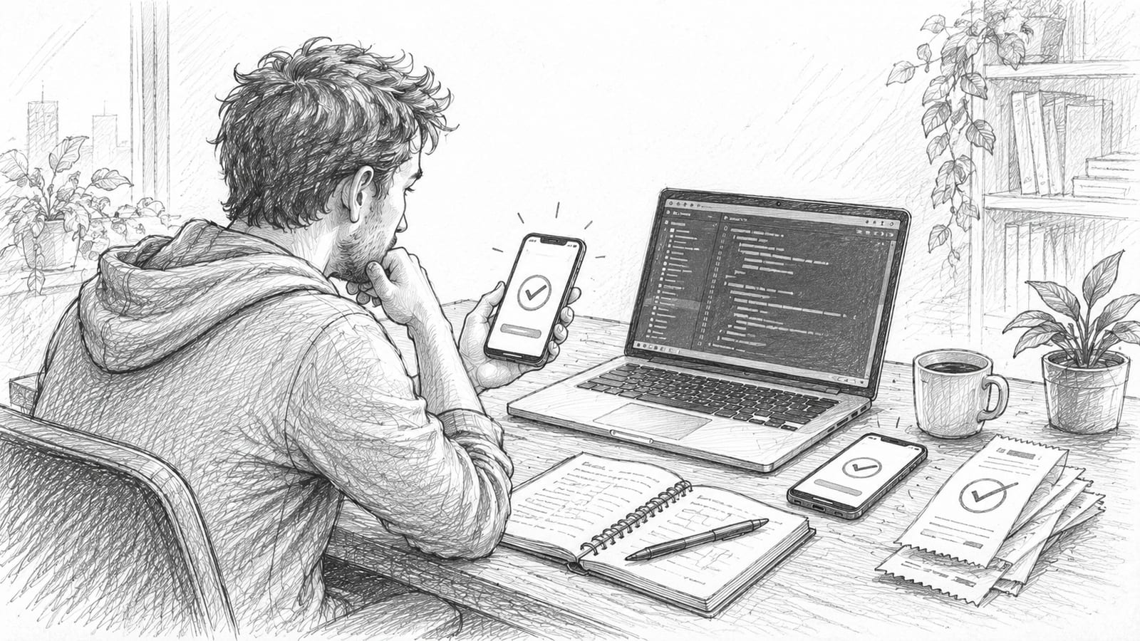 Ein Entwickler testet In-App-Käufe auf zwei Smartphones. Auf dem Schreibtisch liegen ein Laptop und geprüfte Kaufbelege.